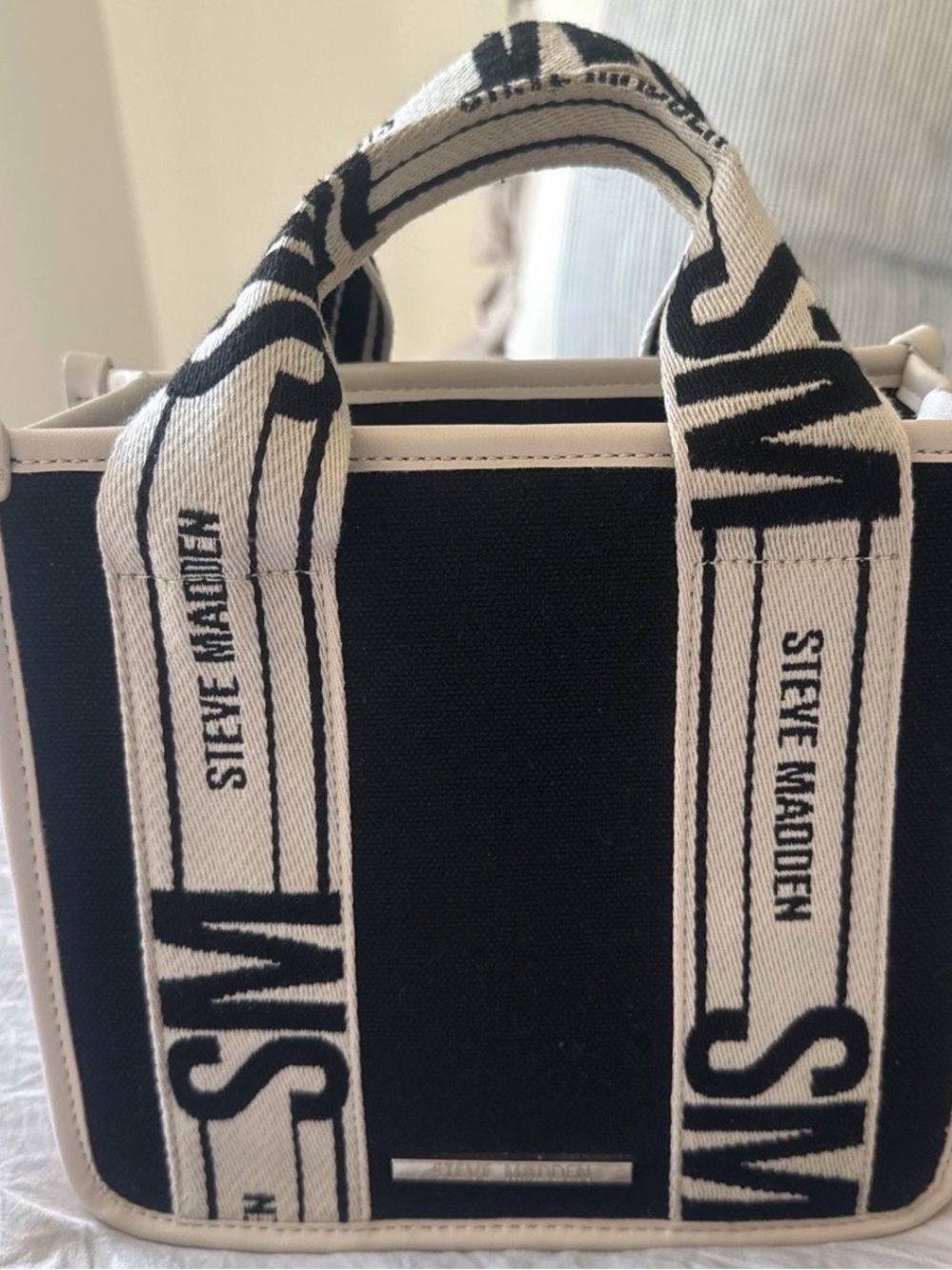 Steve Madden Black and White Canvas crossbody Bag with Logo Straps
